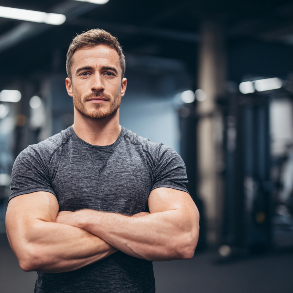 Athletic man demonstrating strength and confidence in professional gym environment