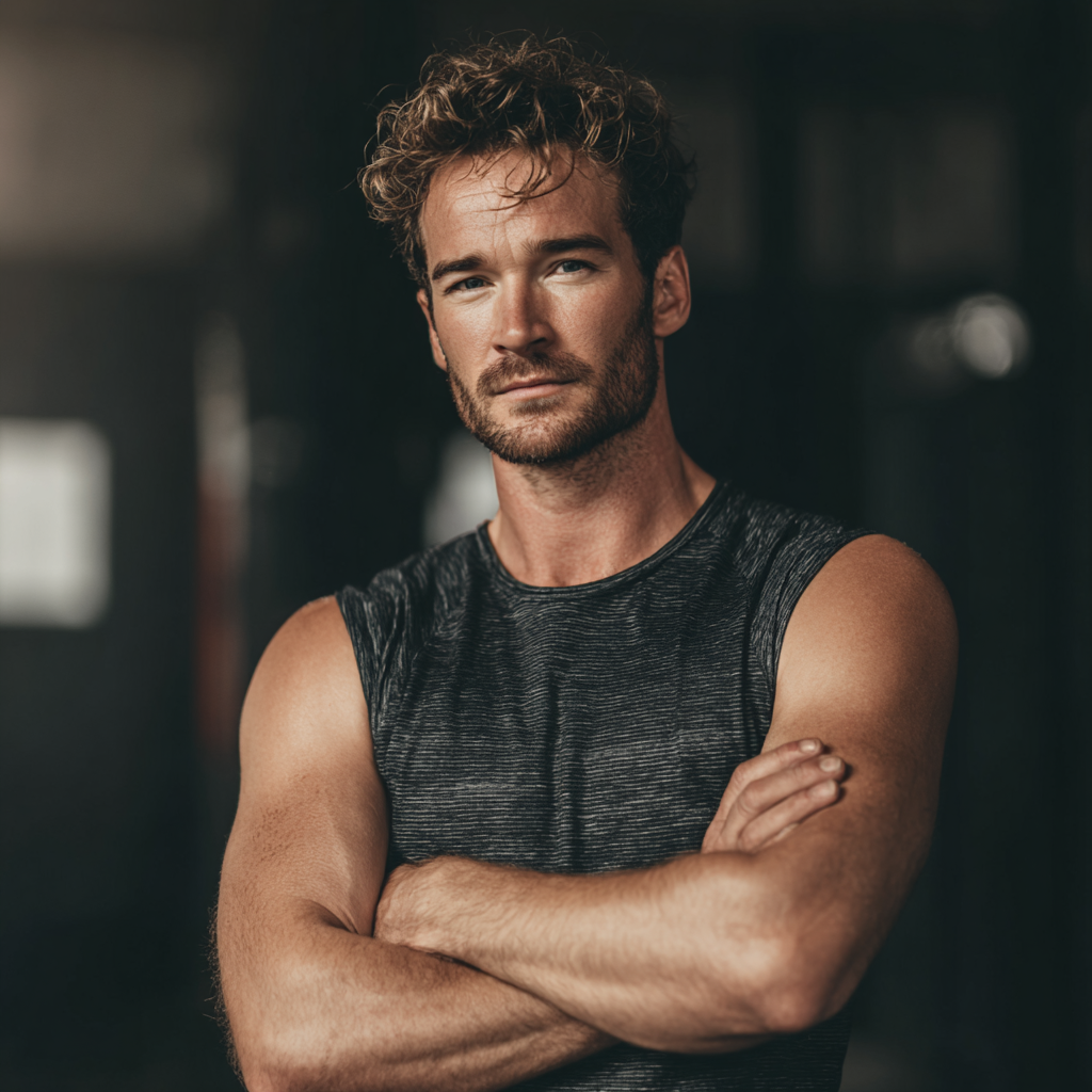 Confident man in gym setting looking determined and focused during workout