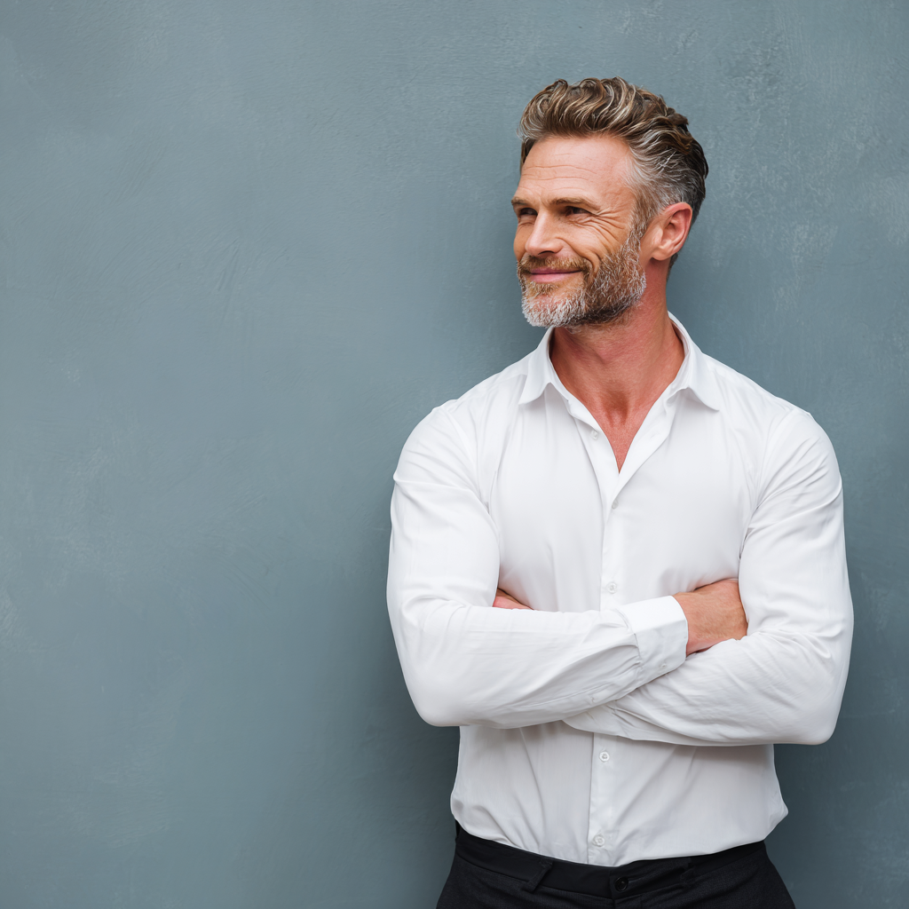 Successful man showing transformation results with confident posture and healthy lifestyle